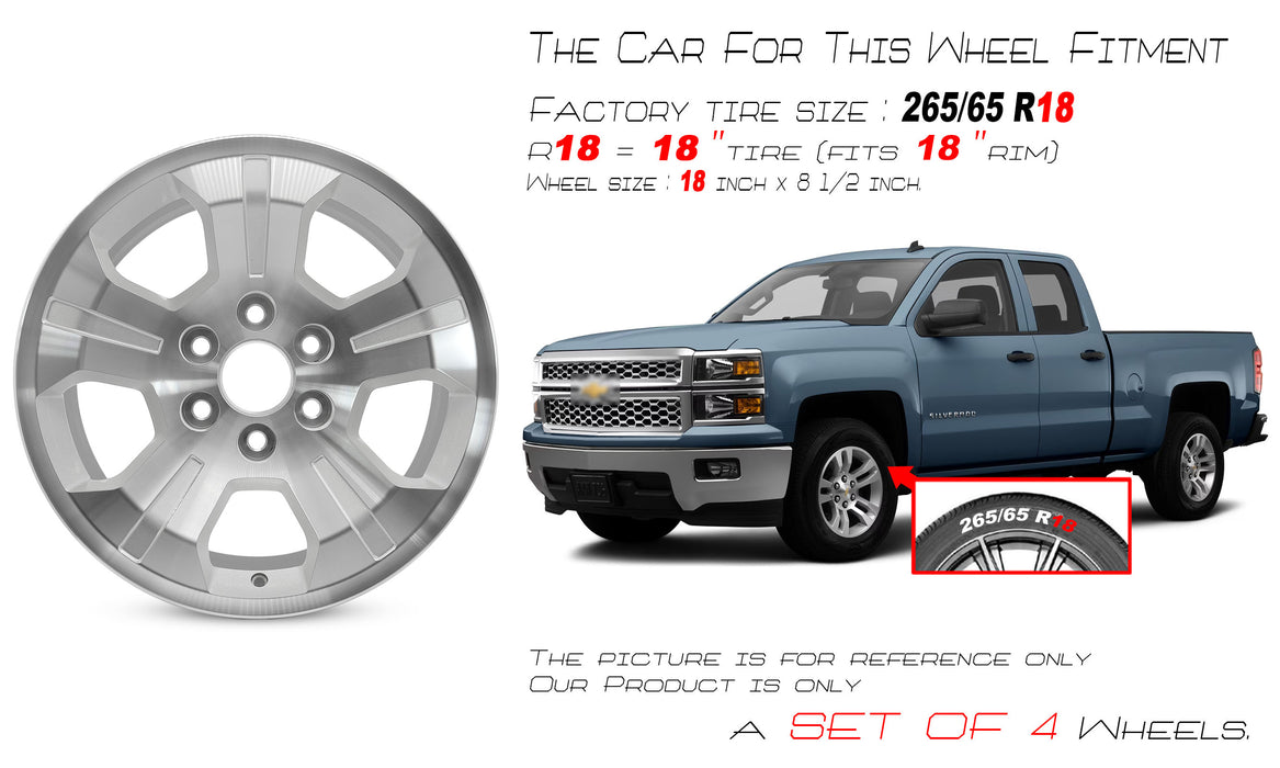 For Chevrolet Sierra Silverado 1500 OEM Design Wheel 18" 18x8.5 2014-2019 Machined Silver Single Replacement Rim