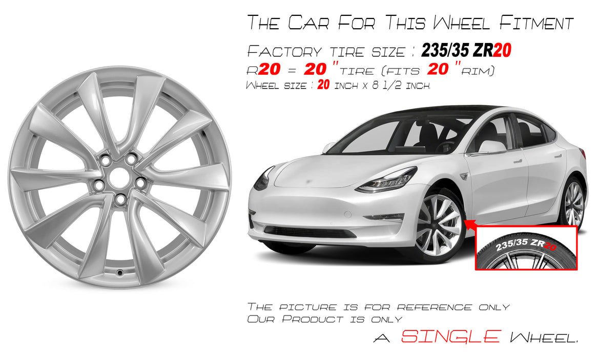 For Front Tesla Model 3 OEM Design Wheel 20" 20x8.5 2018-2020 Silver Single Replacement Rim