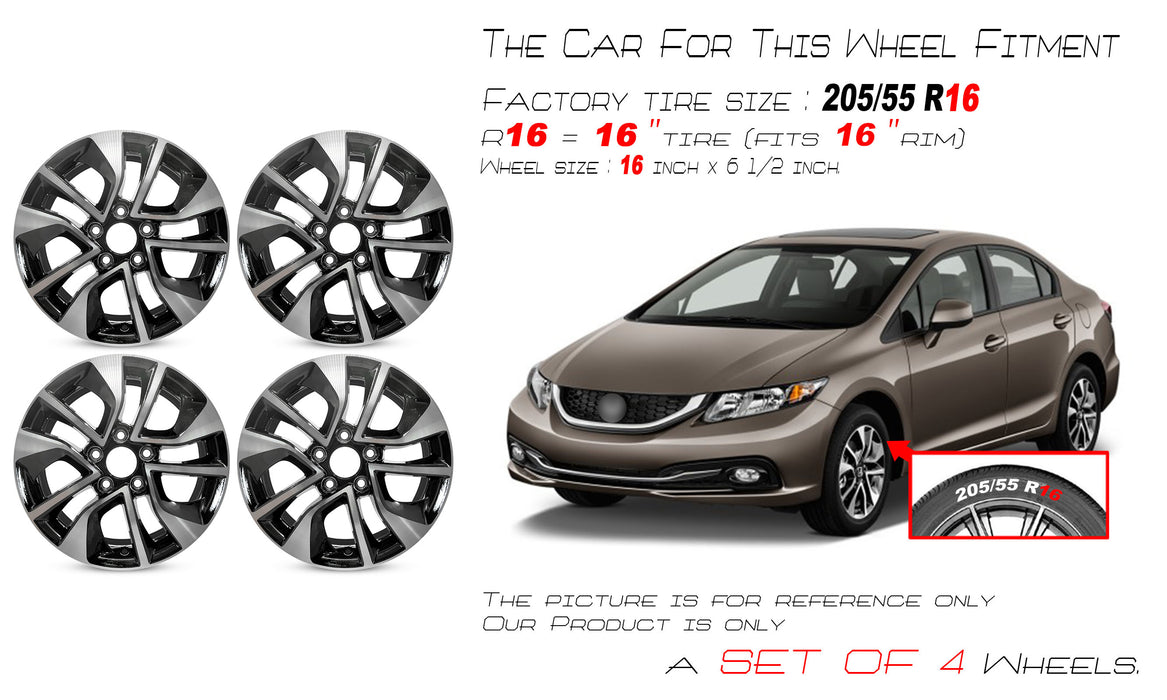 For Honda Civic OEM Design Wheel 16" 16x6.5 2013-2015 Machined Black Set of 4 Replacement Rim