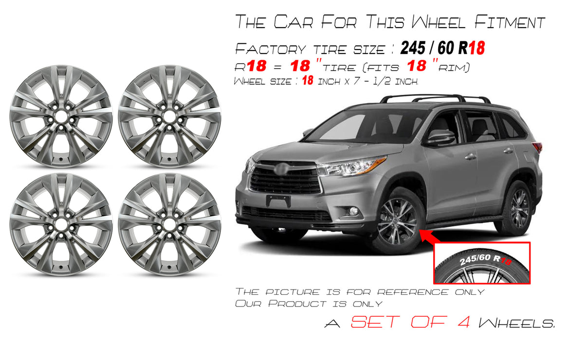 SET OF 4 Brand New 18" 18x7.5 Alloy Wheels For Toyota Hinghlander 2014-2019 Machined Gray OEM Quality Replacement Rim