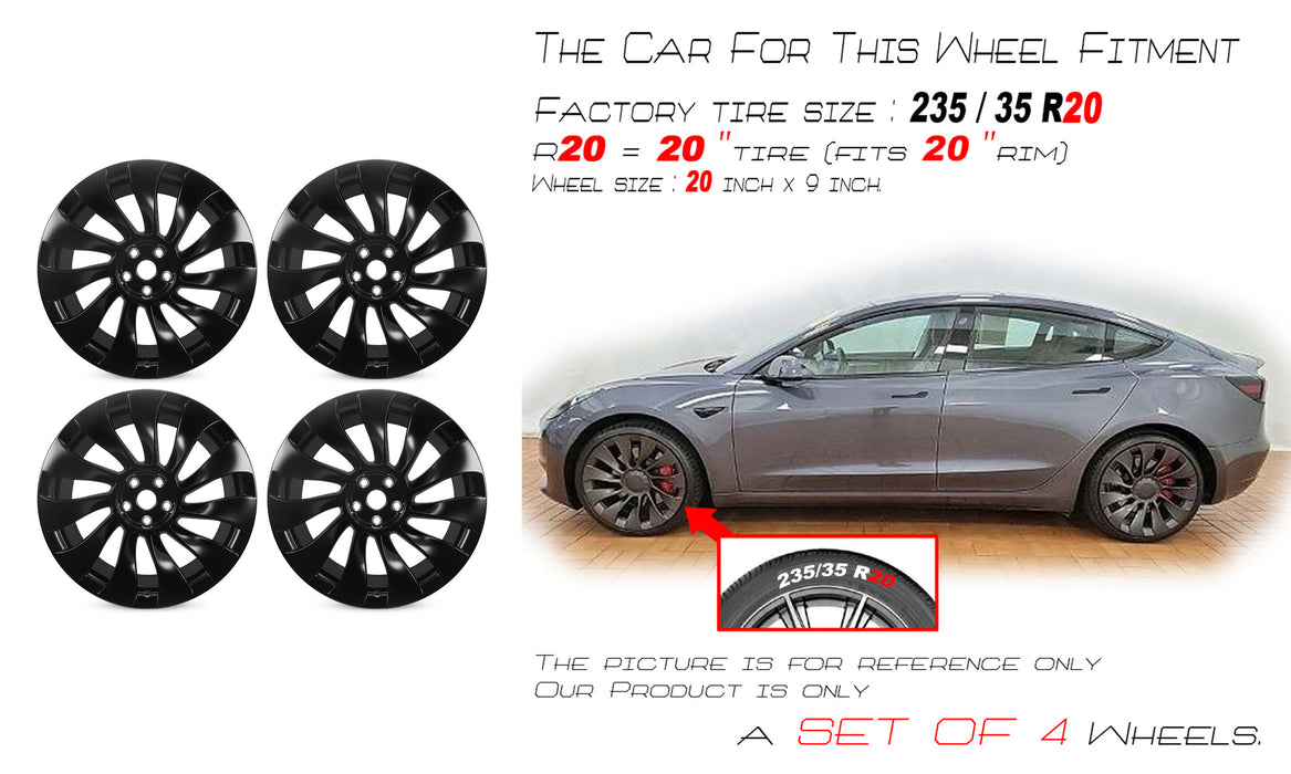 For Tesla Model 3 OEM Design Wheel 20" 20X9 2021 -2023 SATIN BLACK Set of 4 Replacement Rim