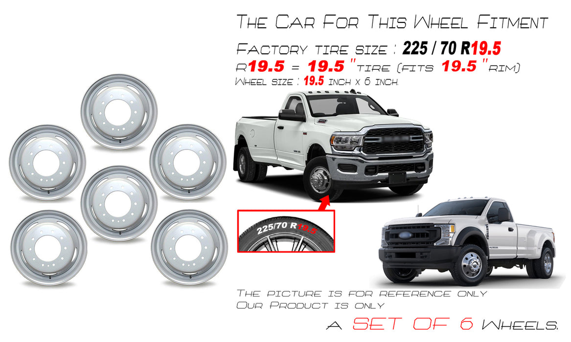 Set of 6 Brand New 19.5" 19.5x6 10 Lug Steel Wheels for Ford F450SD F550SD 2005-2025 Super Duty Dually Gray OEM Quality Replacement Rim