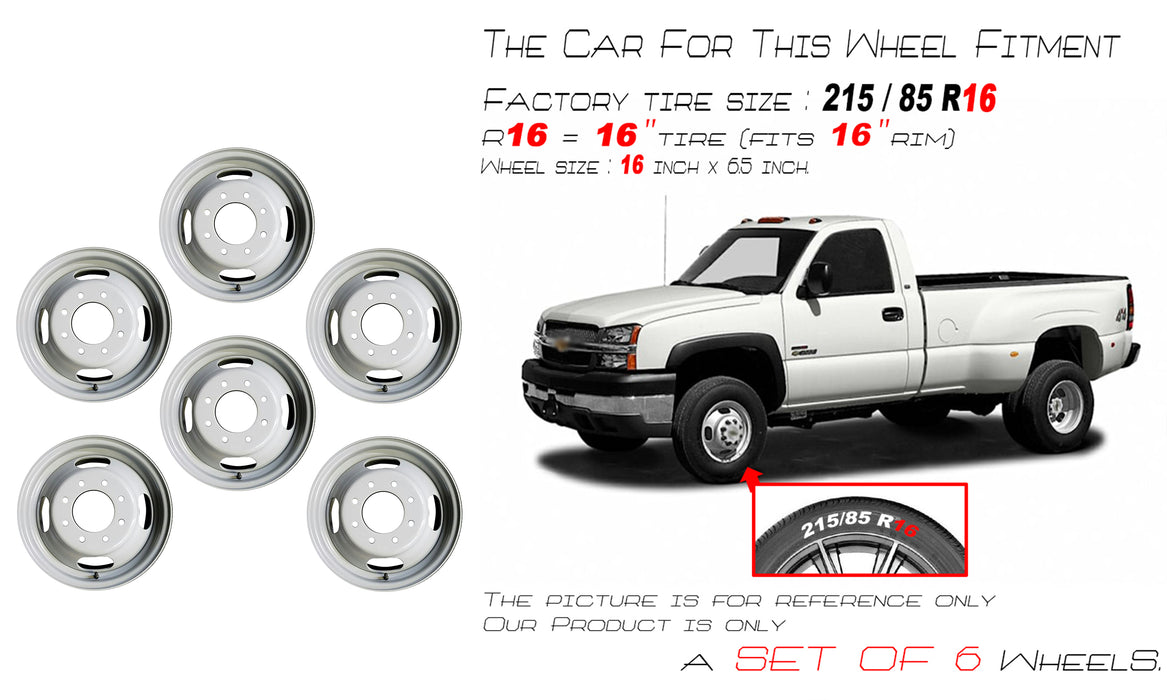Set of 6 16" Dually GRAY Steel Wheels for 2001-2025 Chevy Express GMC SAVANA SIERRA SILVERADO 3500 OEM Design Replacement Rim