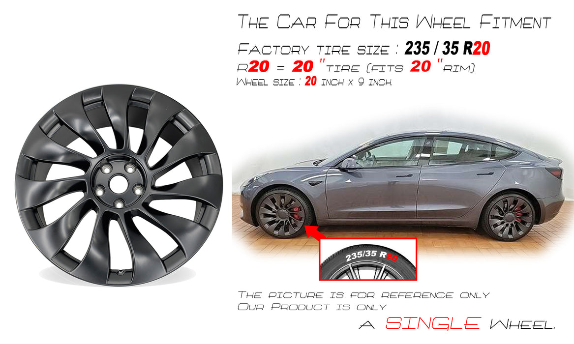 20" NEW Single 20X9 SATIN BLACK Wheel For 2021 2022 Tesla Model 3 OE Style Replacement Rim
