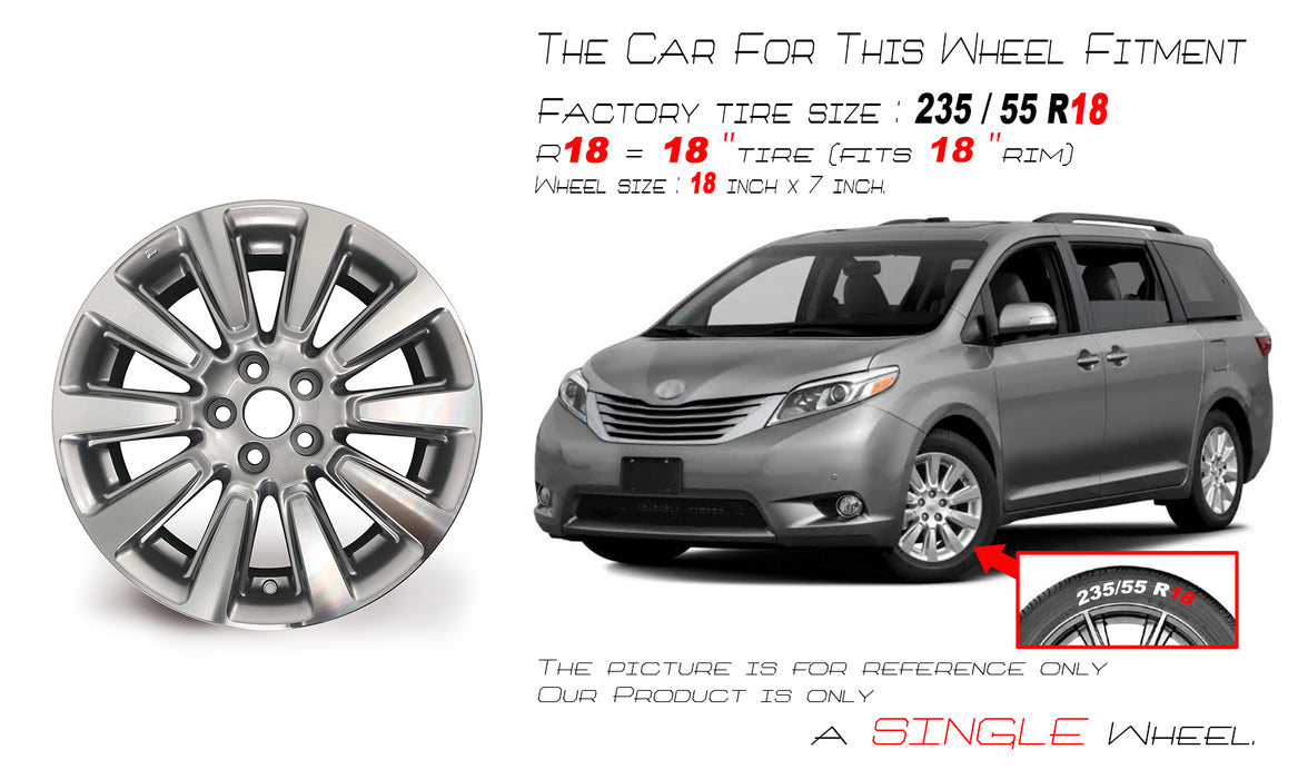 New Single 18" 18x7 Alloy Wheel for Toyota Sienna 2011-2020 Machined SILVER OEM Quality Replacement Rim