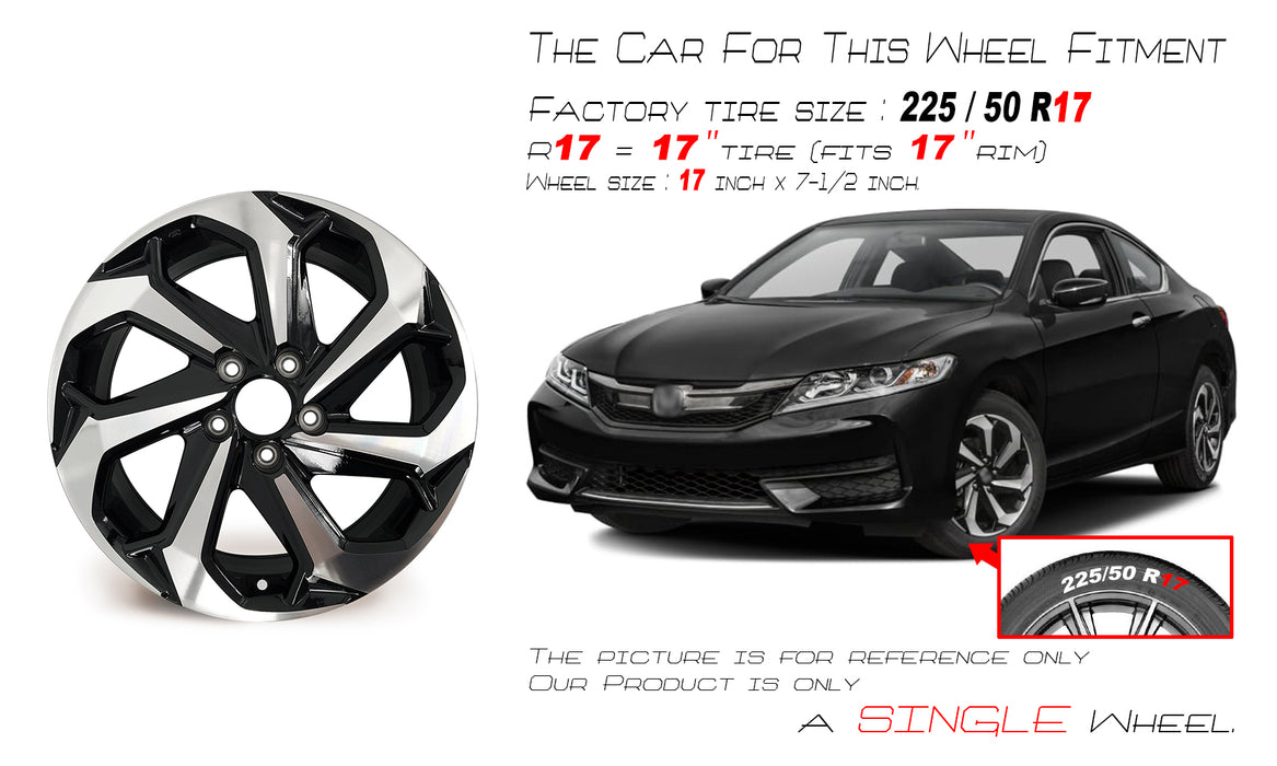 17" Brand New Single 17x7.5 Alloy Wheel for Honda Accord 2016 2017 Machined Black OEM Quality Replacement Rim