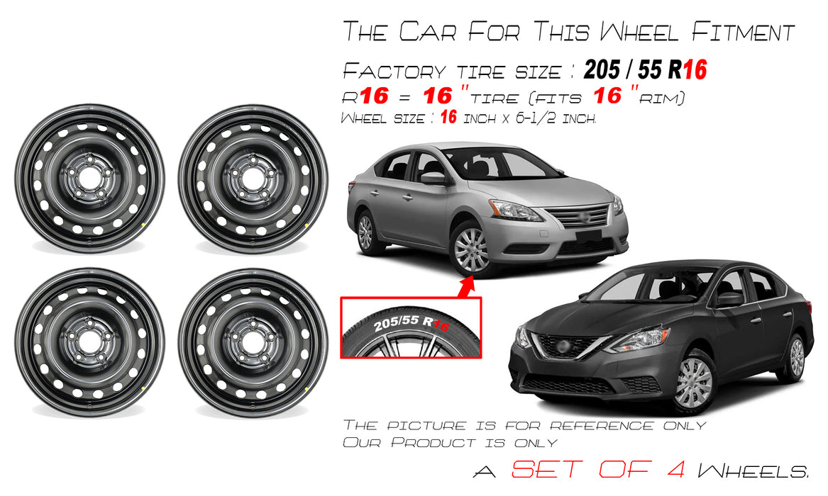 16" 16x6.5 Set of 4 Black Steel Wheels For Nissan Sentra 2013-2019 OEM Quality Replacement Rim