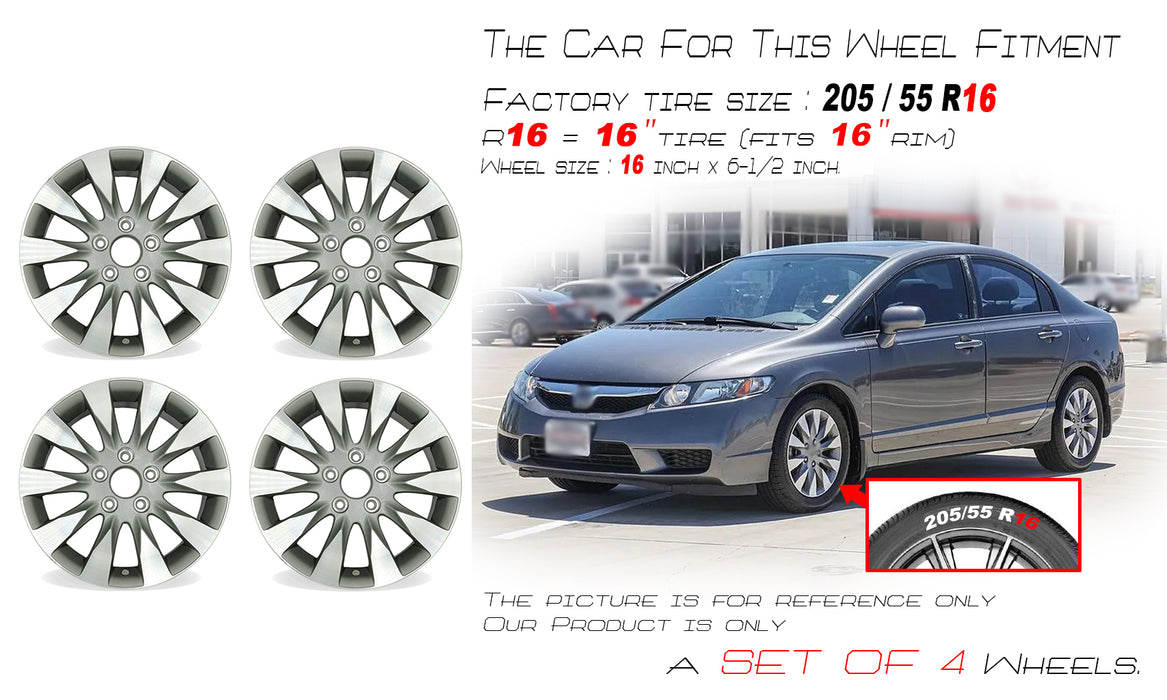 16" Set of 4 16X6.5 Machined Grey Alloy Wheels For Honda Civic 2009-2011 OEM Quality Replacement Rim