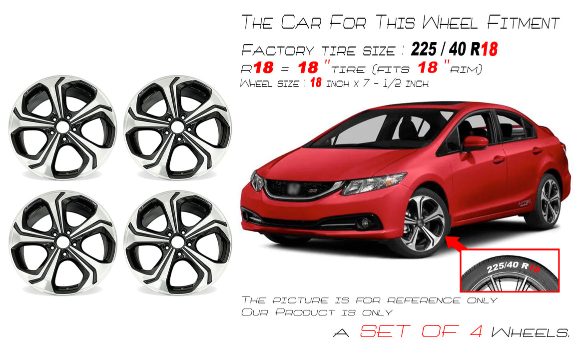 18" SET OF 4 18X7.5  Machined BLACK Wheels For 2014 2015 Honda Civic OEM Quality Replacement Rim