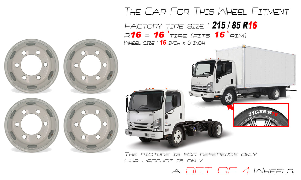 16" Set of 4 16x6 White Steel Wheels For ISUZU NPR NPR-HD NQR 1995-2023 OEM Quality Replacement Rim 8971451132