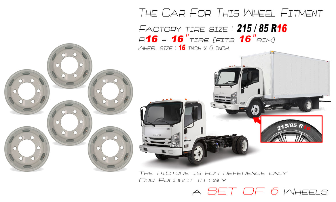 16" Set of 6 16x6 White Steel Wheels For ISUZU NPR NPR-HD NQR 1995-2025 OEM Quality Replacement Rim 8971451132