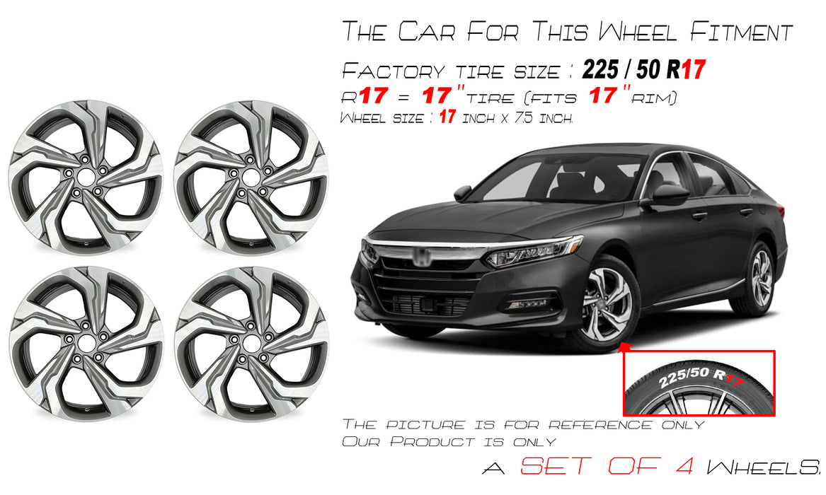17" Set of 4 New 17x7.5 Alloy Wheel For Honda Accord 2018-2021 Machined Grey OEM Quality Replacement Rim