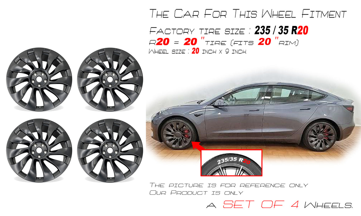 20" SET OF 4 20X9 SATIN BLACK Wheels For 2021 2022 Tesla Model 3 OE Style Replacement Rim