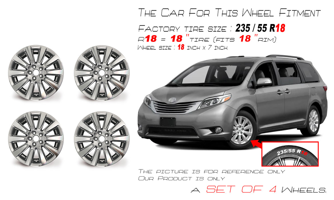 SET OF 4 New 18" 18x7 Alloy Wheels for Toyota Sienna 2011-2020 Machined SILVER OEM Quality Replacement Rim