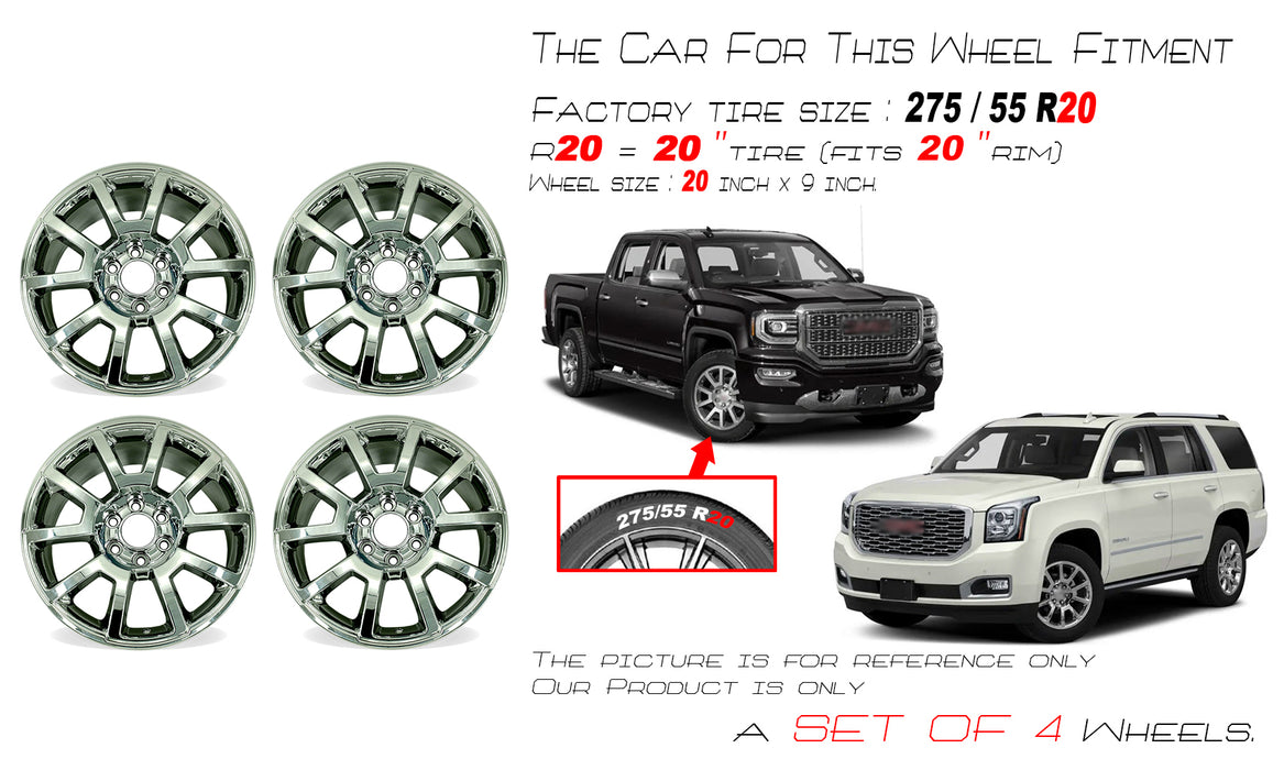 20" 20x9 Set of 4 Chrome Wheels For GMC Sierra Yukon XL 1500 2015-2020 OEM Quality Replacement Rim