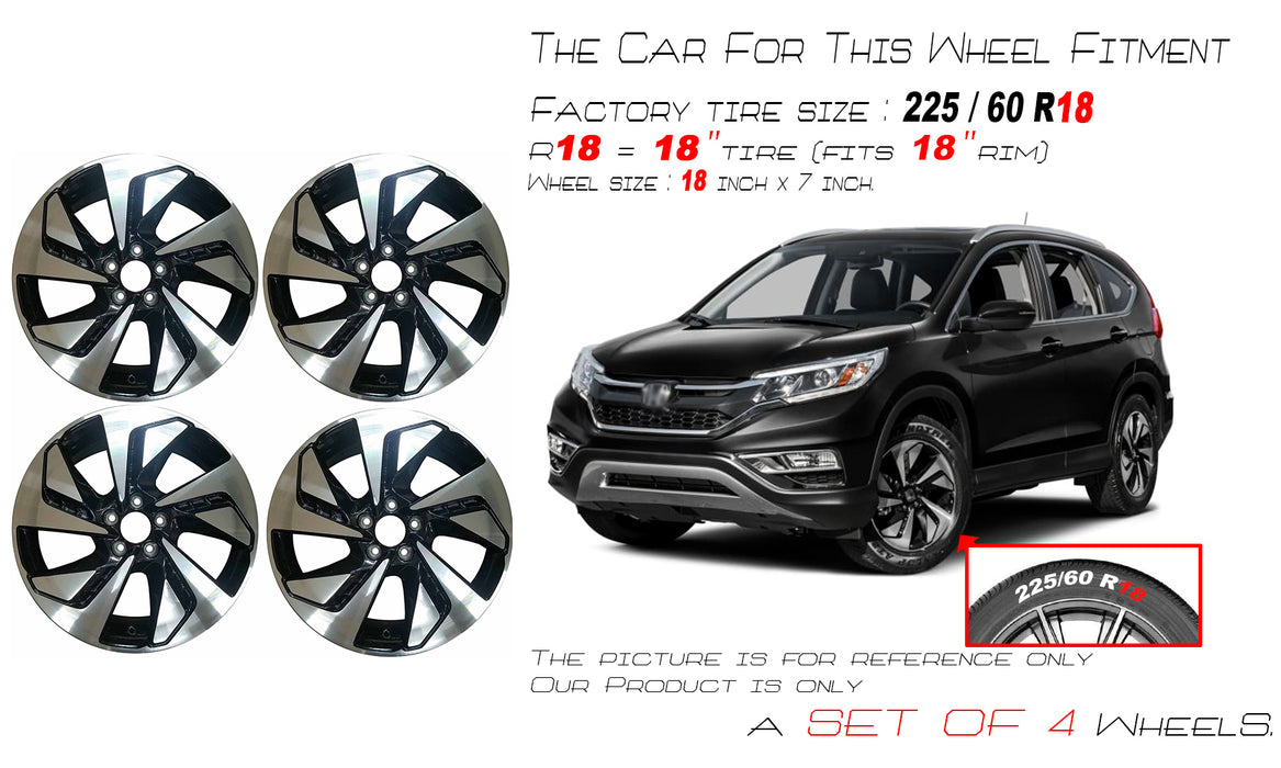 SET OF 4 18" 18x7 Alloy Wheels for Honda CR-V 2015 2016 Machined Black OEM Quality Replacement Rim