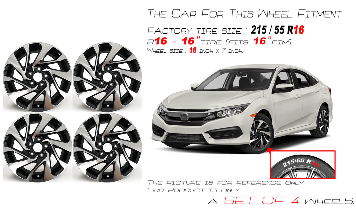 SET OF 4 16" 16X7 Alloy Wheels for Honda Civic 2016-2021 Machined BLACK OEM Quality Replacement Rim