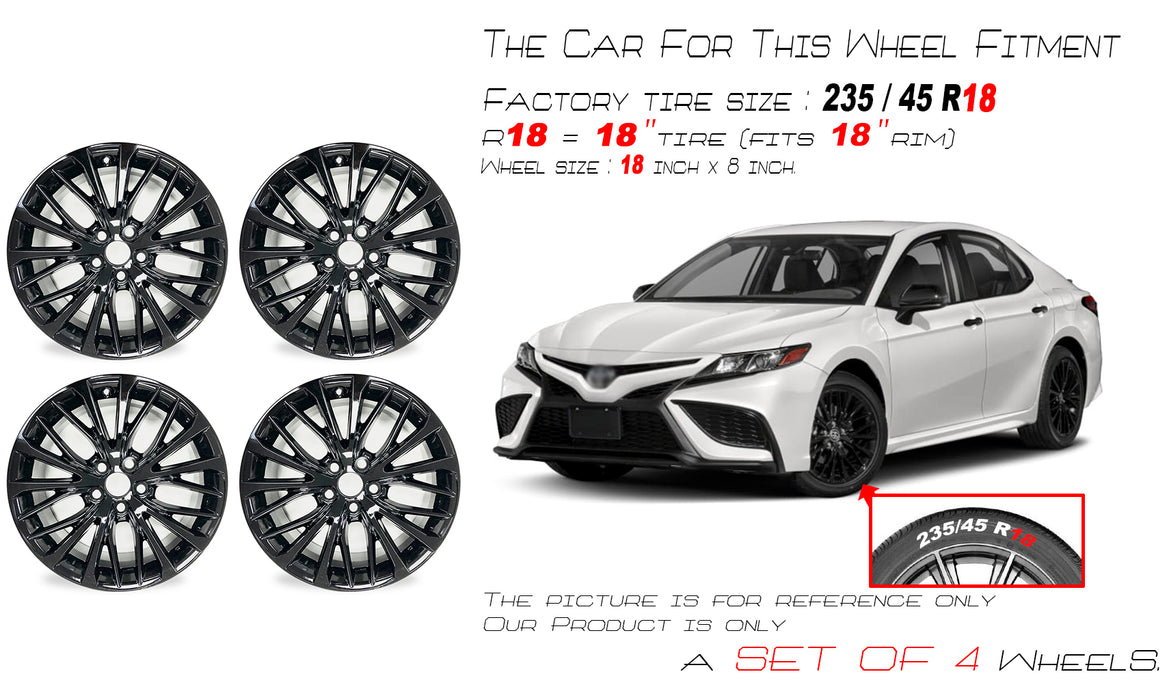 18" 18x8 Set of 4 New GLOSS Black Alloy Wheels For 2018-2022 Toyota Camry OEM Quality Replacement Rim